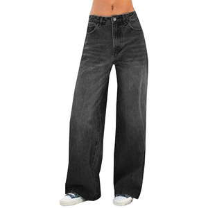 Jean slim en denim noir pour femme, coupe droite, taille élastique, longueur intégrale, style streetwear – Grande Vente - Product Image 1