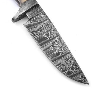 Custom Handmade Hunting Knife with <b>Fire</b> Pattern Damascus Steel Blade and Horn Handle 8-Inch Overall Length with Leather Sheath - Product Image 4