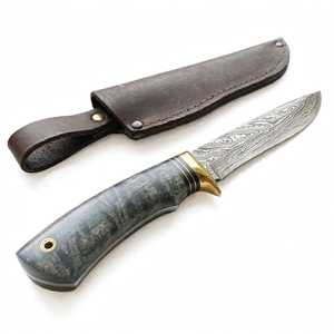 Cuchillo utilitario de exterior de acero de Damasco hecho a mano y personalizado con mango de cuerno y refuerzo de latón, compatible con OEM - Product Image 3
