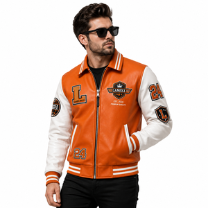 Custom Orange <b>White</b> Leather Varsity <b>Jacket</b> for <b>Men</b> Premium Letterman Bomber <b>Jacket</b> with Chenille Embroidered Patches OEM Service - Product Image 1