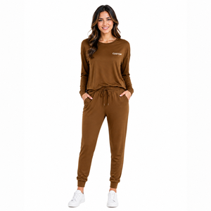 Ensemble de survêtement marron personnalisé avec logo, manches longues, col rond, pantalon de jogging, tenue décontractée deux pièces, vente en gros OEM, marque privée - Product Image 1