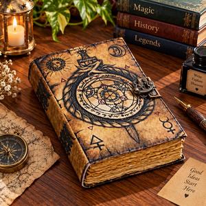 Diario de Cuero con Tapa Dura Cosida a Mano Alchemy Ouroboros, 7x5 Pulgadas, con Borde Deshilachado, Cuaderno Grimoire, Libro de Hechizos Ocultos con Cierre Antiguo - Product Image 6