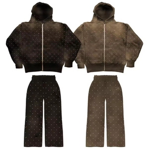 Wholesale Supplier High Quality Summer Casual Solid 100% Cotton Heavyweight Rhinestone Tracksuit Streetwear <b>Sparkling</b> Crystal - Product Image 4