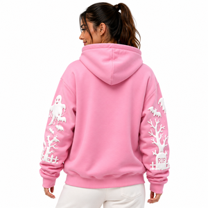 Sweat-shirt à capuche rose Halloween avec imprimé en relief Citrouille, Fantôme, Chauve-souris, en molleton de coton oversize, unisexe, décontracté, pour l'automne, OEM - Product Image 4