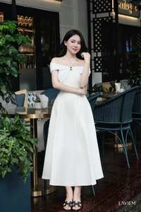 Vestido elegante con hombros descubiertos para mujer, vestido midi con detalle de tirantes en el cuello, vestido femenino elegante de estilo coreano - Product Image 5