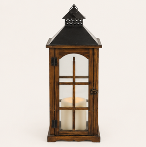Farol de Madera Rústico Hecho a Mano con Tapa Metálica Decorativa, Estilo Vintage de Granja, Farol de Cristal para Interiores - Product Image 5