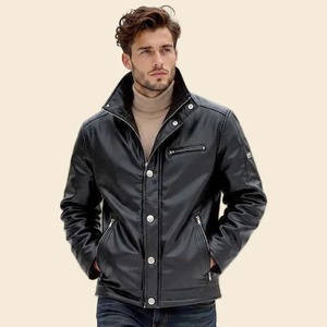 Men Black Lambskin Leather <b>Jacket</b> High Collar <b>Slim</b> <b>Fit</b> Street Style - Product Image 1