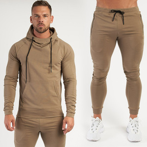 Ensemble de survêtement kaki pour homme, sweat-shirt à capuche à manches longues, poches latérales, vêtements décontractés, coton respirant, fibre élastique, coupe ample - Product Image 1