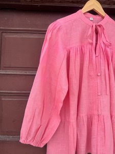 Women’s Pink Cotton Slub Lightweight Blouse Long Sleeve Tie Neck Button Front Top Casual <b>Boho</b> Summer <b>Shirt</b> Ladies Office Wear - Product Image 4