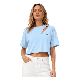 เสื้อครอปท็อปสีฟ้าอ่อนสุดฮิต ทรงโอเวอร์ไซส์สำหรับผู้หญิง เสื้อถักไหมพรมสีพื้น คอกลม ไหล่ตก แขนสั้น - Product Image 1