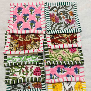 Hand Block Print Quilted Reversible fabric <b>Coaster</b> Set Cotton Handmade Square <b>Drink</b> <b>Coaster</b> Tea Table Decor Floral Colorful - Product Image 2