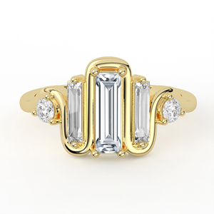 Anillo de Oro Amarillo de 14K y 18K con Diamante Cultivado en Laboratorio, Corte Baguette, Centro con Cinta Ondulada, Múltiples Piedras, Diseño Geométrico Mixto, Joyería Fina - Product Image 1