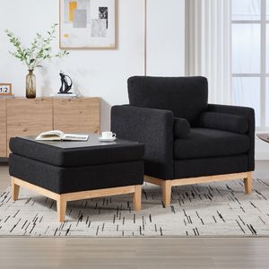 35.4 \ "ampio coperchio reversibile tavolino quadrato accento poltrona pouf Black bouclé Performance soggiorno in legno imbottito - Product Image 5