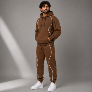 Men's Brown Hooded Tracksuit <b>Set</b> with White Contrast Piping Pullover Hoodie and <b>Jogger</b> Pants for Casual Streetwear - Product Image 5