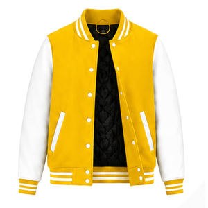 <b>Men</b> Yellow Varsity <b>Jacket</b> <b>White</b> Sleeve Solid Color Casual Wear Fleece Material Turn-down Collar Regular Fit Autumn Wear - Product Image 3