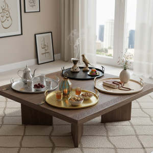 Plateau de service de luxe de style contemporain fini beige avec poignées, collection classique Ramadan et Aïd pour l'hôtellerie et le Majlis - Product Image 4