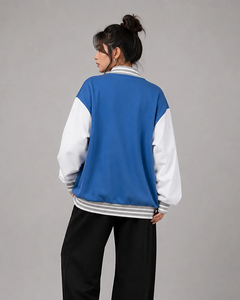 London England Varsity <b>Jacket</b> Blue White Sleeve Zipper Front Logo Print Autumn Wear Women's <b>Jacket</b> - Product Image 2