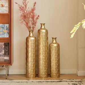 Lot de 3 Vases de Table en Métal Doré Antique, Style Art Déco, Haute Texture, Écologiques, Faits Main, Bouteilles Décoratives pour Salon - Product Image 2