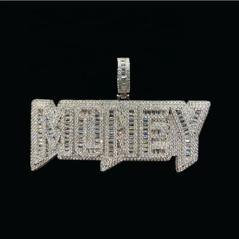 Nueva llegada letra grande inicial rapero letra 'MONEY' colgante Hip Hop diamante completo 925 collar de plata esterlina colgantes