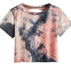 Women's Tie Dye Poplin Crop <b>Top</b> Short Sleeve O-Neck Plus Size Casual Summer ODM Tee - Product Image 1