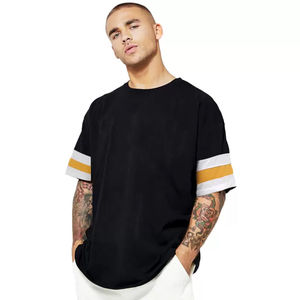 Men's Oversized Black T-Shirt Short Sleeve Contrast Trim Casual O-Neck 100% Cotton Jersey Fit - Product Image 1