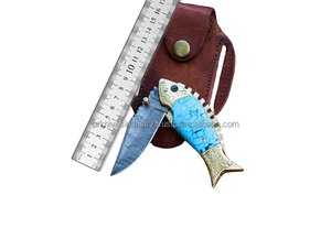 Navaja de bolsillo plegable de acero de Damasco hecha a mano con mango de piedra azul, funda de cuero, hoja forjada con sistema InnerLock, para supervivencia y uso general. - Product Image 2