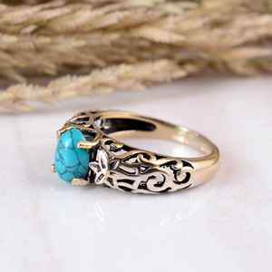 SHYAM JEWELRS Anillo de Plata 925 Hecho a Mano con Turquesa Floral y Gema Antigua, Unisex, Engaste Ovalado, para Boda o Aniversario - Product Image 3