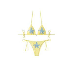 Maillot de bain deux pièces en micro-tissu, motif étoile de mer jaune perlée, haut triangle, décolleté halter en dentelle, en Spandex/Coton, moulant, respirant, haute qualité - Product Image 1