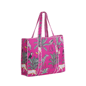 Quilted Cotton Open Tote <b>Bag</b> Women Pink Jungle Safari Block Print <b>Large</b> <b>Shoulder</b> <b>Bag</b> Handmade India Boho Beach <b>Bag</b> - Product Image 3