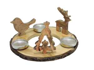 Porte-bougie décoratif en bois avec rennes et arbre, orné d'éléments métalliques, centre de table de Noël - Product Image 3