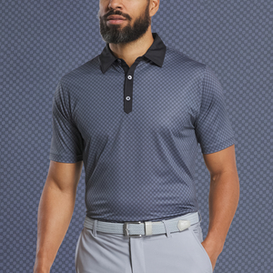 Polo de golf pour homme avec logo personnalisé, manches courtes, tricoté, de haute qualité, gris menthe à carreaux, polo de performance - Product Image 3