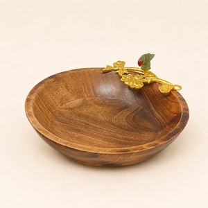 Handmade <b>Mango</b> <b>Wood</b> Serving <b>Bowl</b> With Decorative Brass Bird Handle Luxury Round Fruit And Salad <b>Bowl</b> For Home And Hotel Usage - Product Image 4