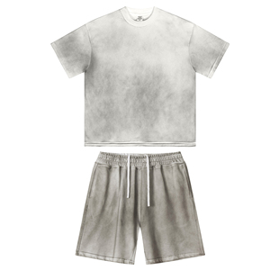 Custom Mens Heavyweight Washed Summer Two-Piece Set Short Sleeve <b>Down</b> Shirt & Matching Shorts with Plus Size Streetwear Style - Product Image 2