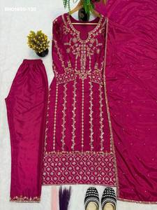 Crêpe de soie de haute qualité avec broderie multi-aiguilles et travail de sequins, ensemble complet (haut, pantalon, dupatta) à manches longues – Achats en ligne Inde - Product Image 4