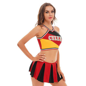 <b>Red</b> Black Yellow Cheerleading Uniform Set With <b>Glitter</b> Cheer Lettering Color Blocked Design Adult Performance Outfit - Product Image 4