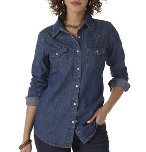 <b>Women's</b> Blue Denim <b>Shirt</b> Long Sleeve <b>Cowboy</b> Collar Button Front Casual Eco-Friendly Waterproof Breathable Vintage Style - Product Image 3