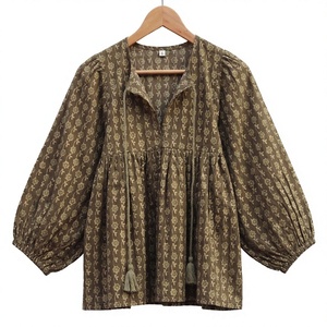 Blusa de Mujer con Estampado Artesanal, 100% Algodón, Formal, Simple, Transpirable, Cuello en V, Manga Abullonada, Corte en A, Estilo Étnico Indio - Product Image 1
