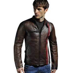 <b>Mens</b> <b>Brown</b> Genuine <b>Leather</b> Streetwear <b>Jackets</b> Contrast Vertical Stripes Snap Collar Zip Front Chest Pocket Premium OEM Outerwear - Product Image 1