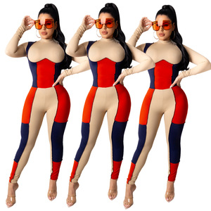Combinaison moulante taille haute pour femme, color block, col roulé, sans manches, en Spandex et Nylon, longueur intégrale, effet push-up, tenue de club - Product Image 6