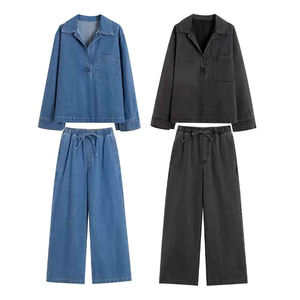 Ensemble 2 pièces en jean décontracté pour femme avec logo personnalisé, respirant, séchage rapide, haute qualité, 100 % coton, printemps-été - Product Image 1