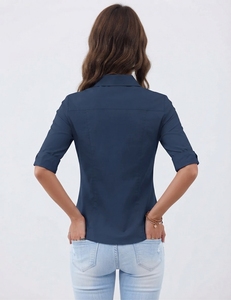 Camisa Clásica Azul Marino para Mujer, con Botones, Manga Tres Cuartos, Cuello Camisero, Corte Regular, Color Sólido, Popelina - Product Image 3