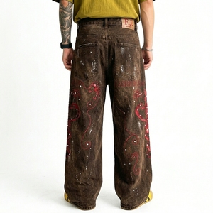 Jean droit ample à jambe large pour homme, style américain, en denim, orné de strass, imprimé graphique tie-dye, coupe décontractée, style urbain - Product Image 3