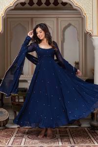 Blue Pakistani Indian Ethnic Anarkali Kurti Dupatta Beaded Floral Embroidery Faux Georgette Long Sleeves for Women Wedding Party - Product Image 1