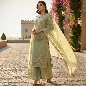 Набор сальвар-костюмов с вышивкой в цвете шалфейно-зеленый с дупаттой, традиционная зимняя праздничная свадебная одежда для женщин - Product Image 1