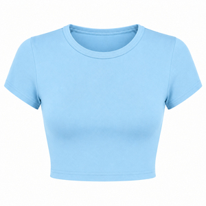 เสื้อยืดครอปท็อปผู้หญิง สีพื้น เรียบง่าย คอกลม แขนสั้น ทรงเข้ารูป ระบายอากาศได้ดี ผ้าถัก สำหรับฤดูใบไม้ผลิและฤดูร้อน สวมใส่สบายๆ - Product Image 1