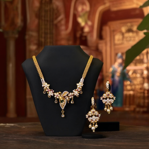 18K Gold Plated Zircon Mangalsutra Floral Pendant Necklace and Earring Set - Product Image 3