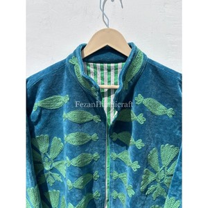 Neon Blue Velvet Jacket <b>Coat</b> Hand <b>Stitch</b> Cotton Jacket Unisex Winter Jacket Floral Embroidery Jacket Two Side Pocket - Product Image 4