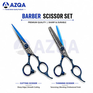 Stainless Steel Blue Hair Cutting And <b>Thinning</b> Scissors Set With Decorative Pattern Adjustable Screw And Finger <b>Ring</b> Handles - Product Image 2