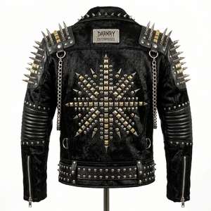 Wholesale Custom Men Studded Punk <b>Leather</b> <b>Jacket</b> Manufacturer Heavy Metal Spikes Rockstar Genuine Cow Hide Fur Biker Coat - Product Image 2