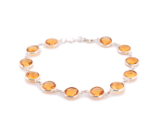 HoneyYellow Handcrafted Natural Citrine <b>Gemstone</b> <b>Bracelet</b> 925 Sterling Silver Round Faceted Stone Jewelry Adjustable Link Chain - Product Image 1